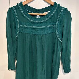 Boden Green Smocked Ruffle Blouse 3/4 Sleeve